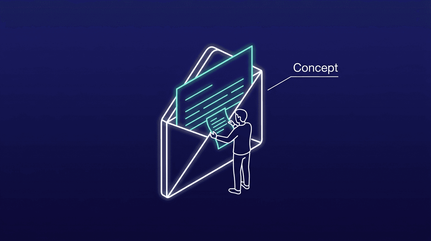 Open envelop met een brief die half naar buiten steekt; een figuur leest het concept