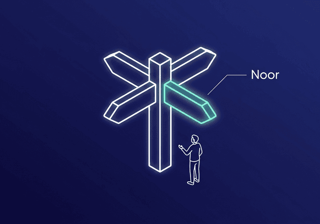 Lijntekening van een wegwijzer waarvan één arm oplicht met het label Noor, met een persoon die omhoog kijkt