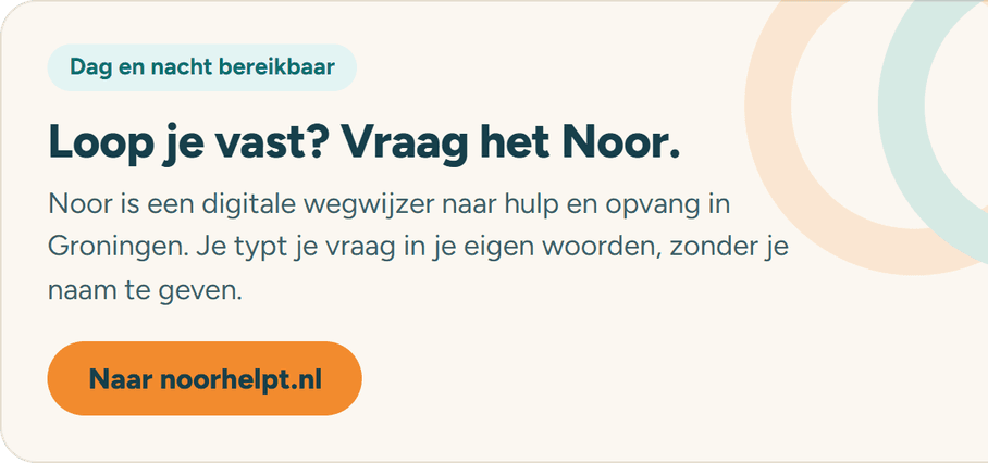 Banner van Noor met de kop 'Loop je vast? Vraag het Noor.' en een oranje knop naar noorhelpt.nl