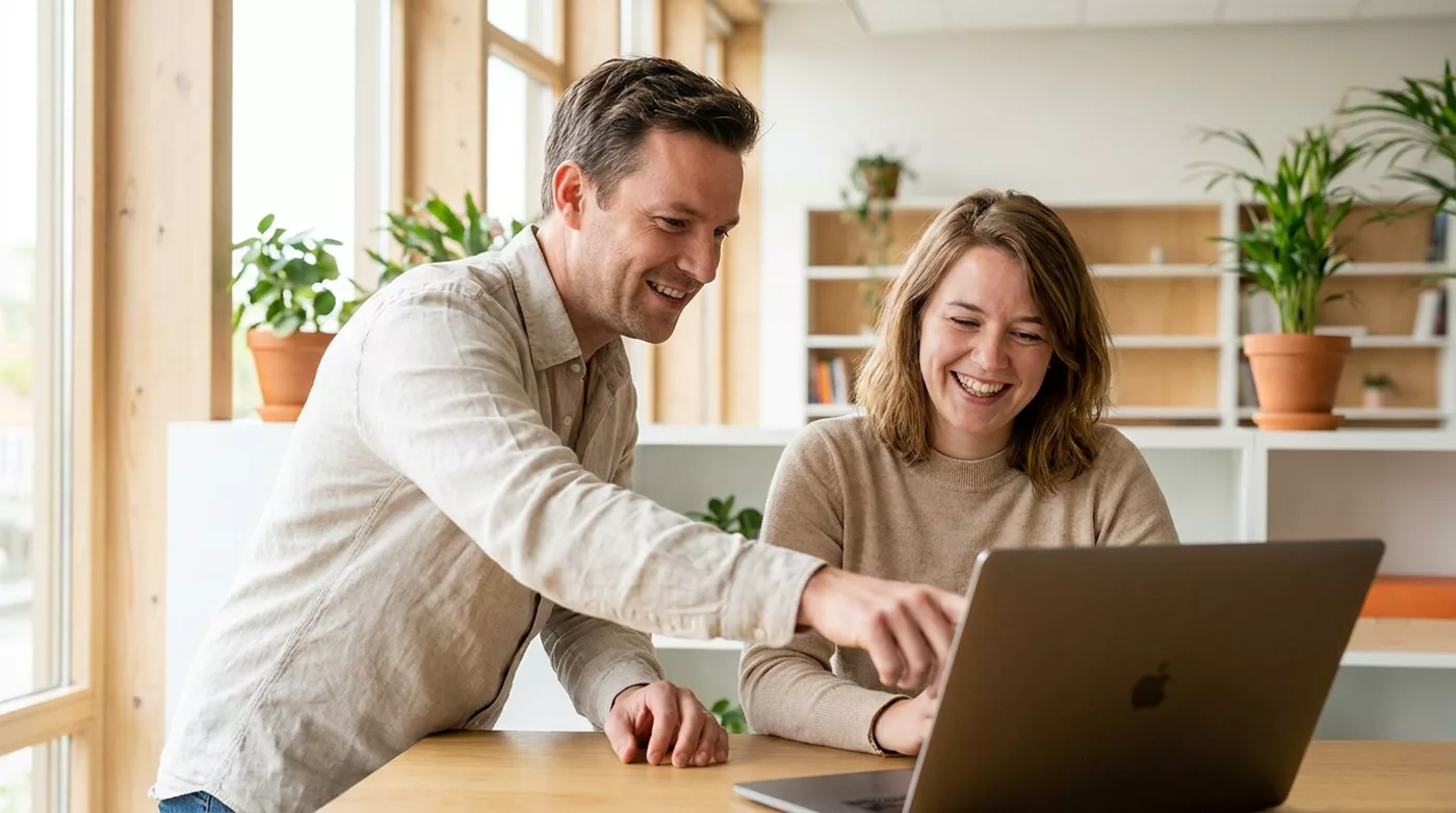 Twee collega's sturen samen de content bij op een laptop