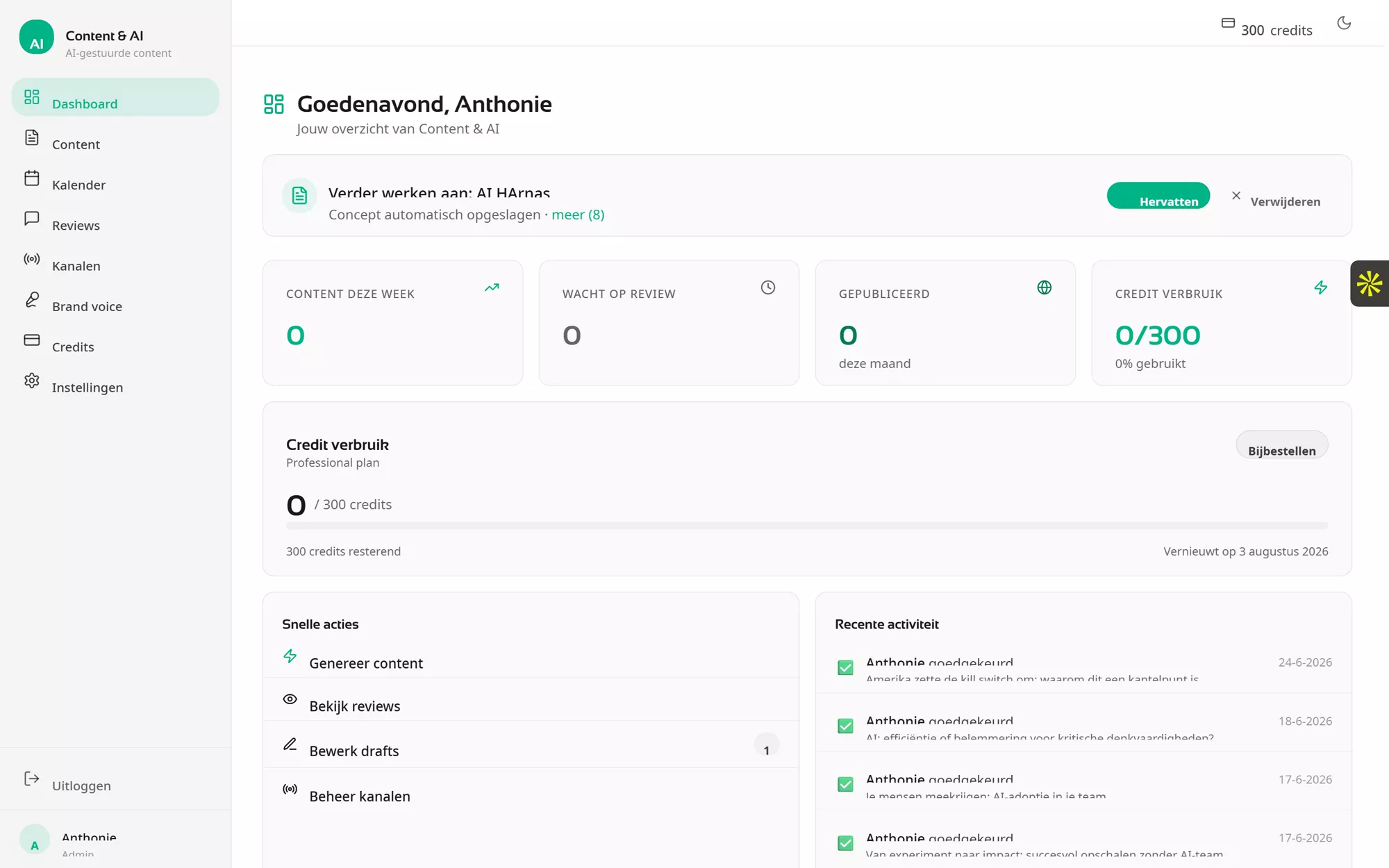 Het Content & AI dashboard met weekoverzicht en snelle acties