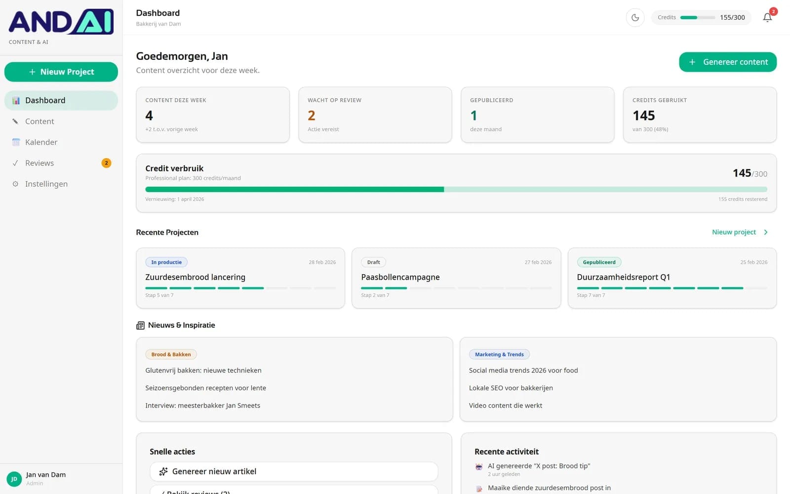 Dashboard van de And AI-contentomgeving voor Bakkerij van Dam, met content van deze week, creditverbruik en recente projecten.