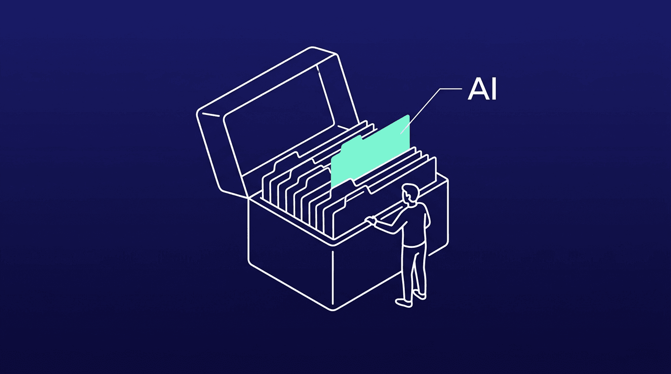 Wireframe-archiefdoos op navy achtergrond waarin een persoon een turquoise map met het label AI uit de rij tabbladen trekt