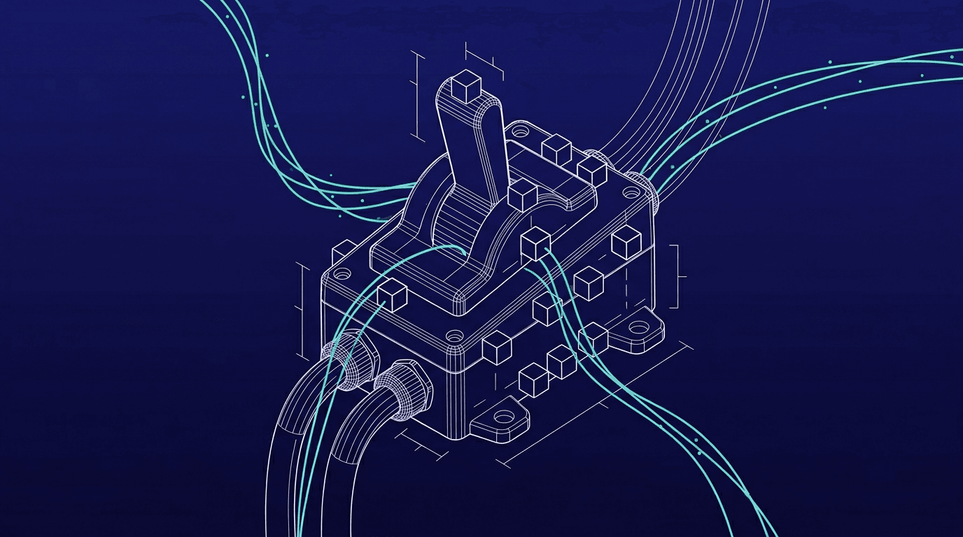Wireframe-tekening van een industriële kill switch op donkerblauw met turquoise stroomlijnen