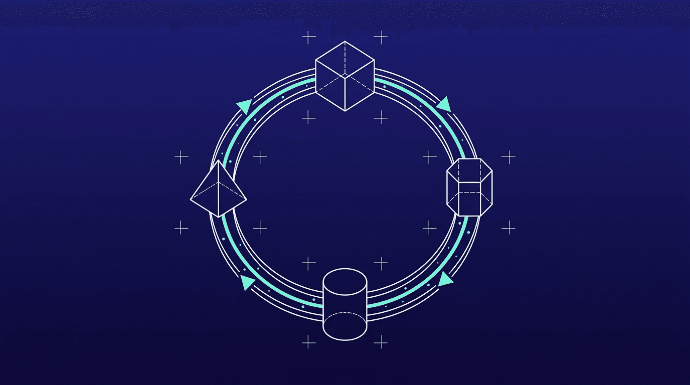 Wireframe closed-loop diagram on navy showing AI retrieving, acting on and checking your own files
