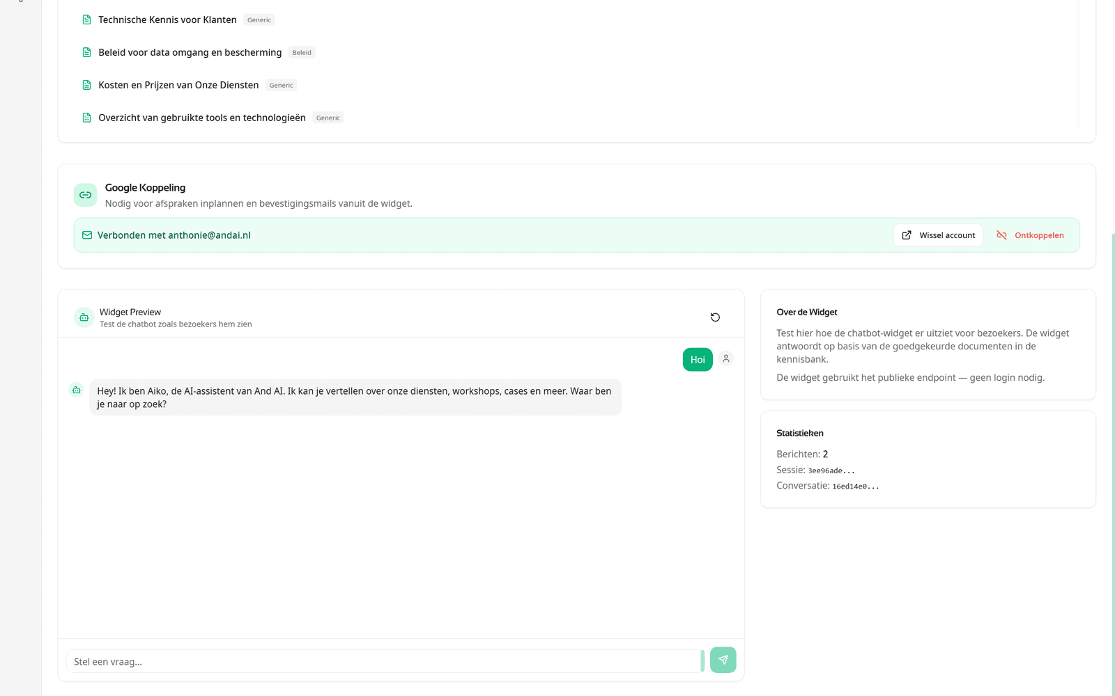 Customer support beheerscherm: kennisbankdocumenten, Google-koppeling voor afspraken en een live preview van de chatbot-widget met Aiko